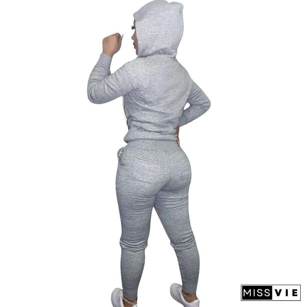 Solid Hooded Zip Sweatshirt Top Drawstring Pants Set