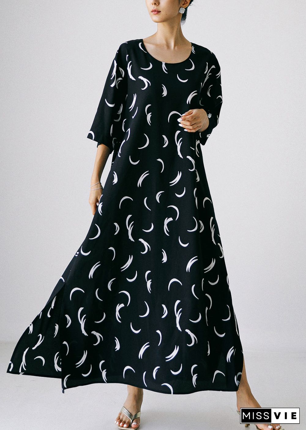 Black O-Neck Bow Tie Waist Silk Maxi Dress Long Sleev