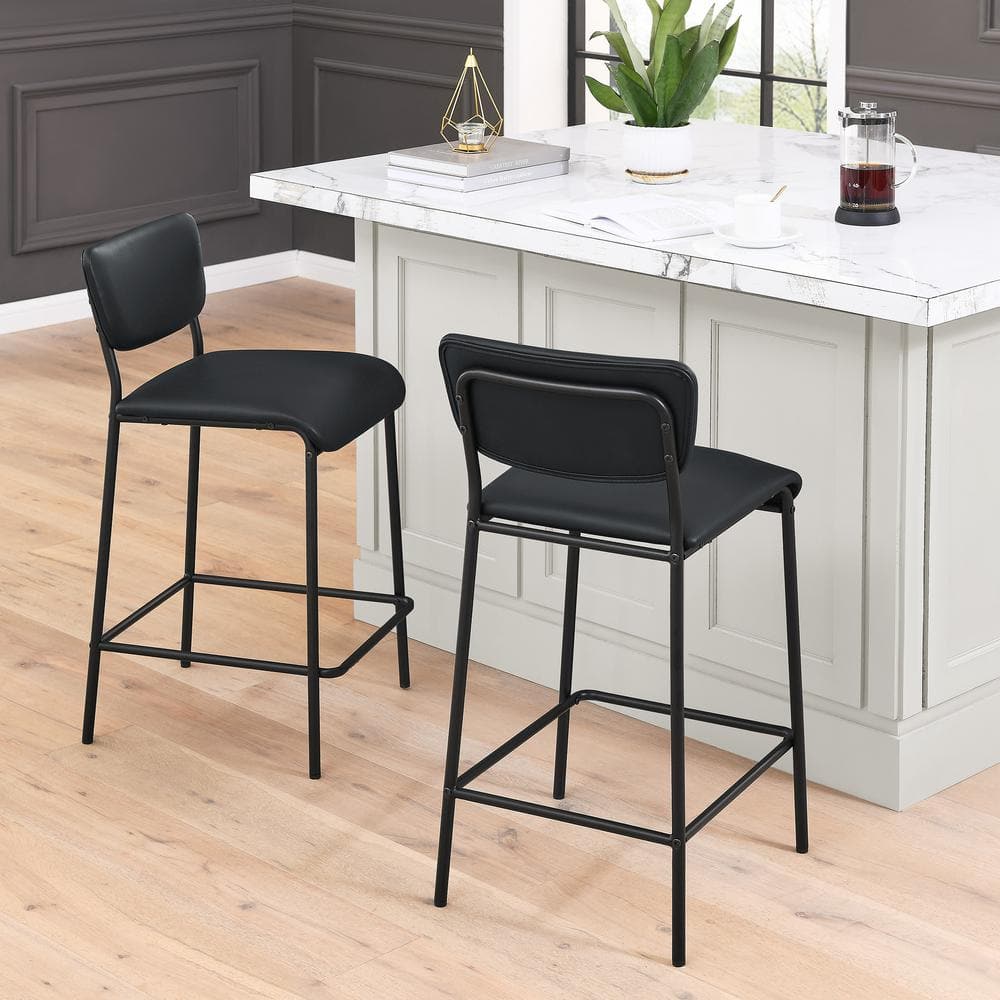 34.50 in. Black Low Back Metal Bar Stools, Dining Chair Counter Stools with Footrest and Faux Leather Seat (Set of 2) HY02011Y