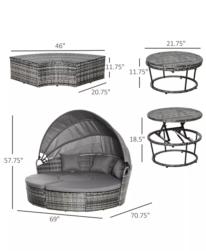 Outsunny 4pc Rattan Patio Furniture Set Round Convertible Daybed or Sunbed Adjustable Sun Canopy Sectional Outdoor Sofa 2 Chairs Extending Tea Table 3 Pillows PE Plastic Wicker Gray