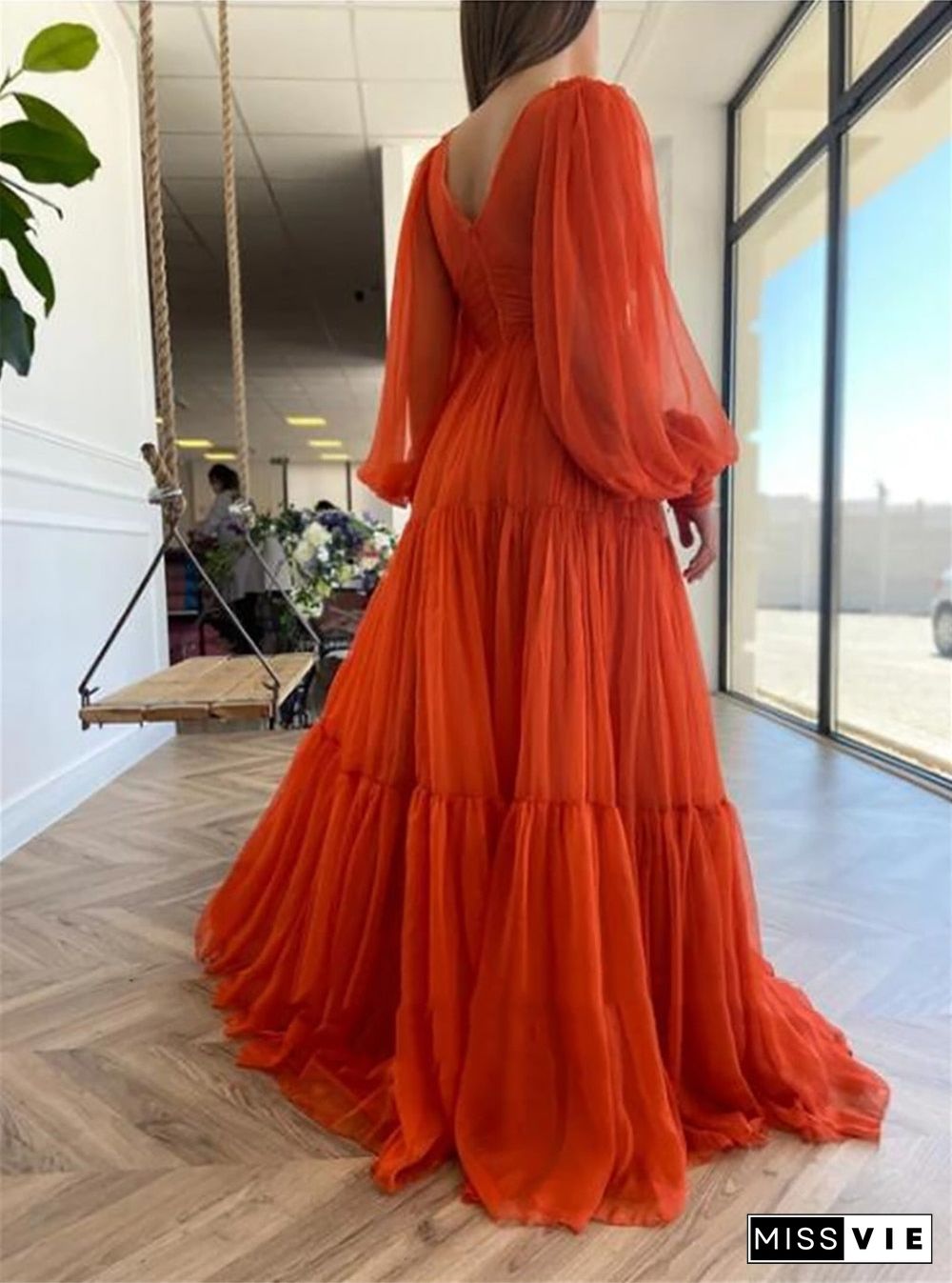 Long Puff Sleeves Prom Dresses V-Neck Pleats Chiffon Princess Evening Gowns Women Party Dress Plus Size