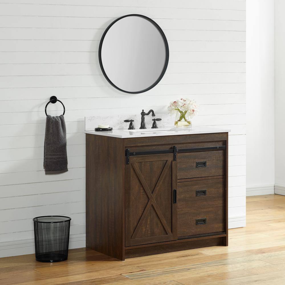 SUDIO Rafter 36 in. W x 22 in. D x 33.86 H Bath Vanity in Rustic Brown with Carrara White Engineered Stone Vanity Top Rafter-36RB