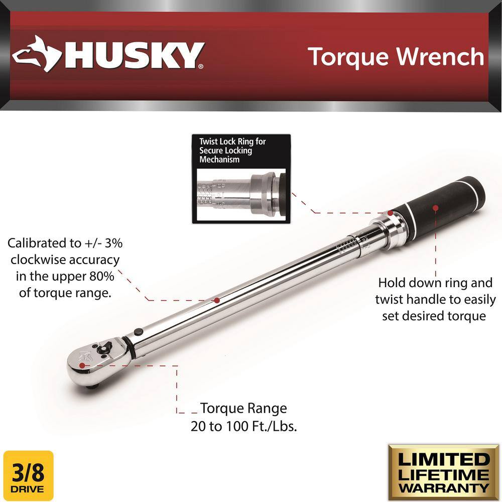 Husky 20 ft.lbs. to 100 ft.lbs. 38 in. Drive Torque Wrench H3DTWA-03