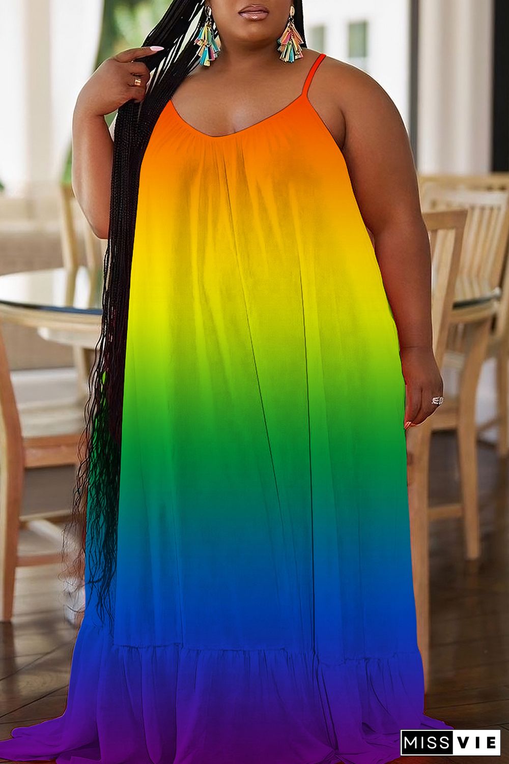 Plus Size Multicolor Sexy Casual Print Backless Spaghetti Strap Long Dress Dresses