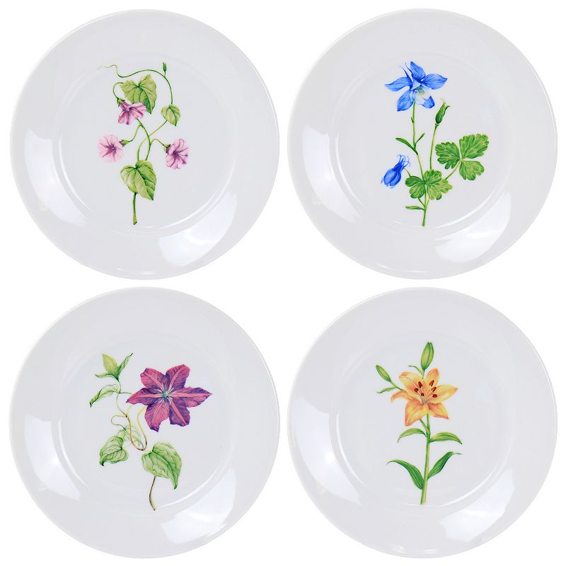 Gibson Everyday Botanical Garden 4 Piece 8 Inch Fine Ceramic Dessert Plates in White with Assorted Designs