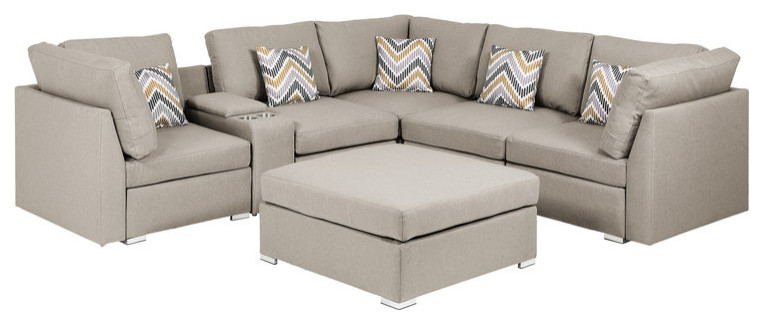 Amira Beige Fabric Reversible Sectional Sofa w USB Storage Console and Ottoman   Contemporary   Sectional Sofas   by PARMA HOME  Houzz