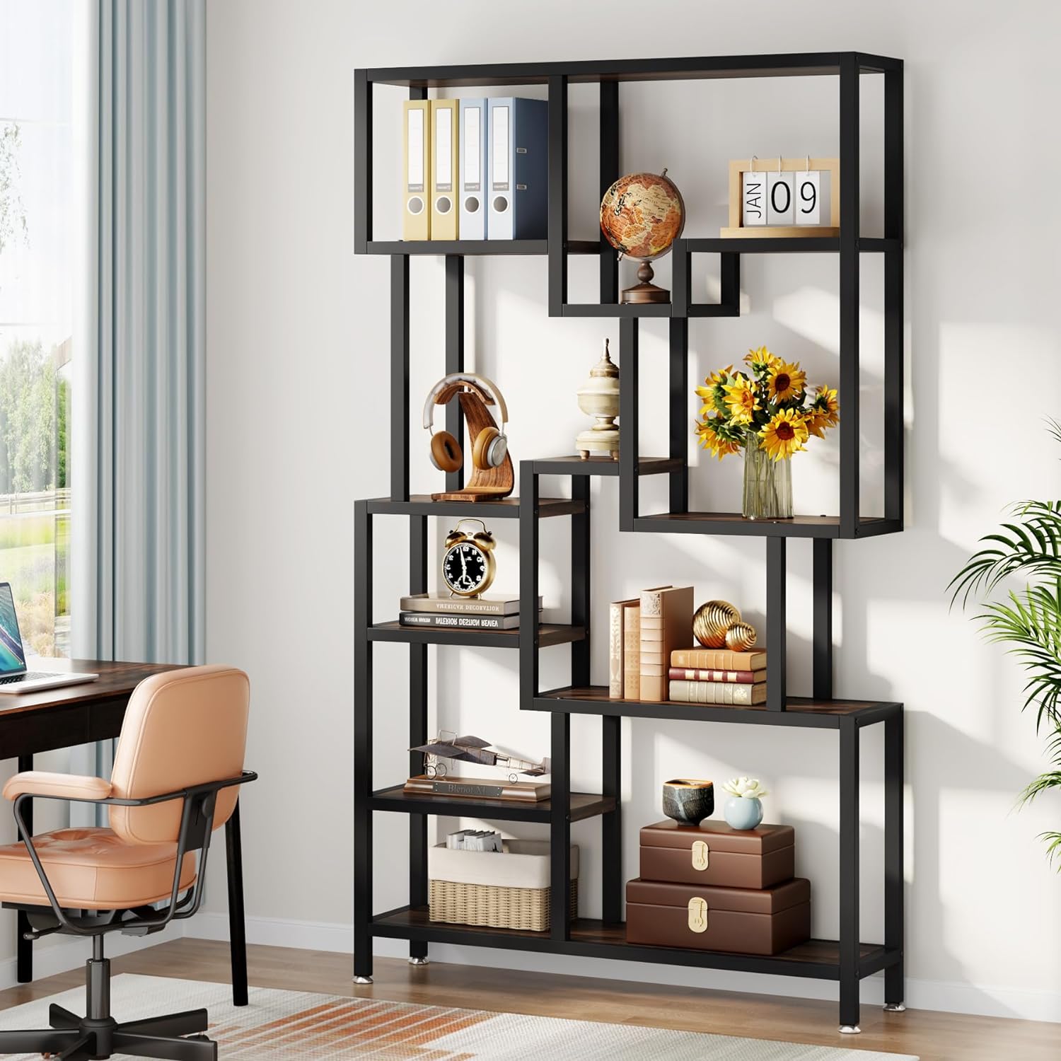 70.9 Bookshelf, Industrial Bookcase Etagere with Open Shelves