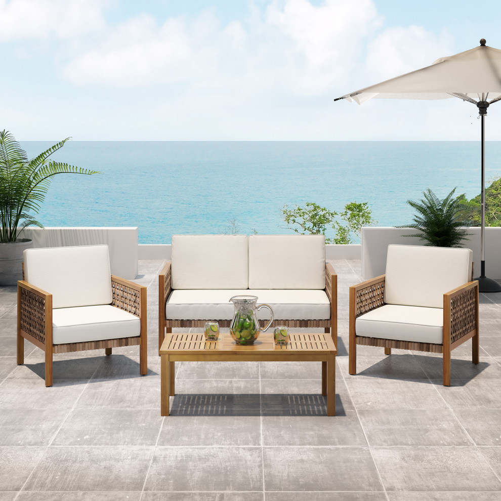 HughOutdoor 4 Seat Acacia Wood Chat Set With Wicker Accents   Tropical   Outdoor Lounge Sets   by GDFStudio  Houzz