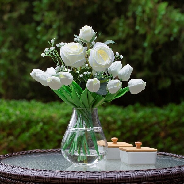 Mixed Rose and Tulip Flower Arrangement in Clear Glass Vase with Acrylic Water for Home Wedding Decoration