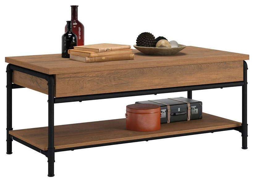 Sauder Iron City Engineered Wood Lift Top Coffee Table in Checked Oak   Industrial   Coffee Tables   by Homesquare  Houzz