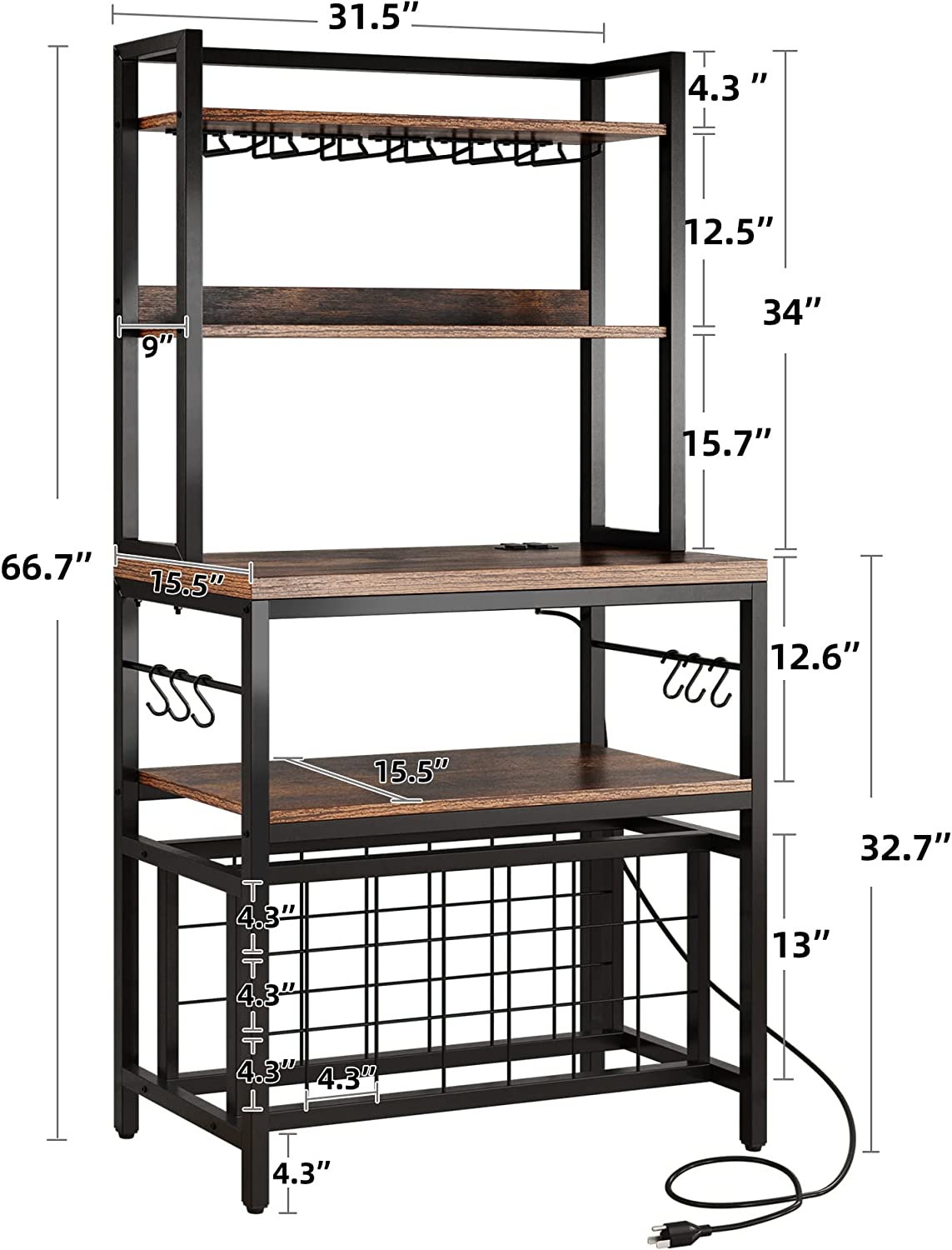 DWVO Bakers Rack with Wine Rack and Power Outlet， Freestanding Microwave Oven Stand for Kitchen Dining Room Home