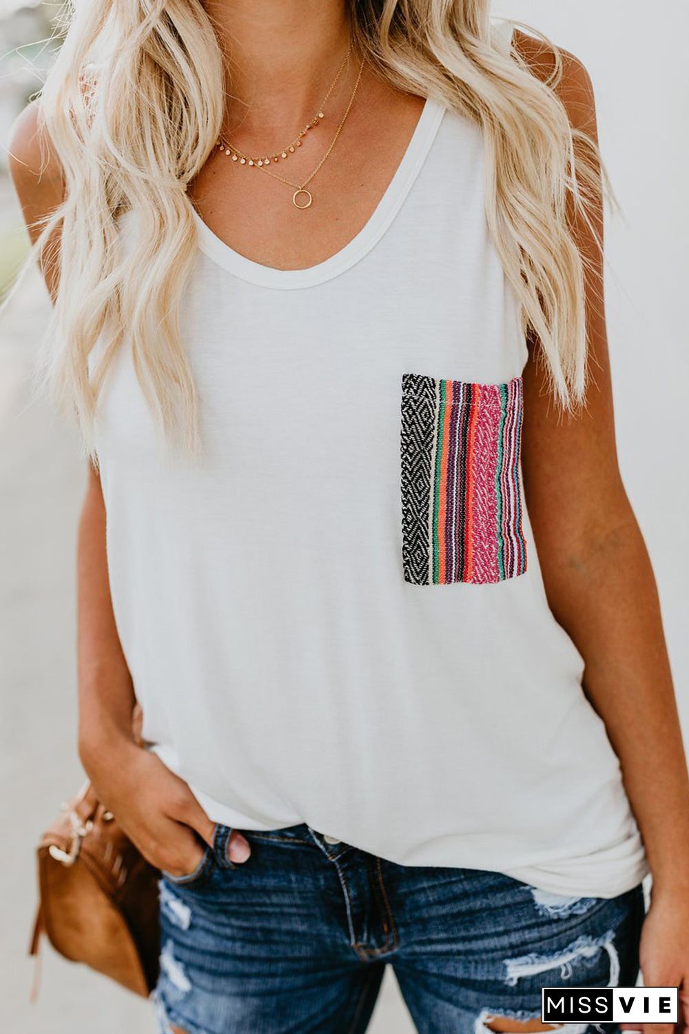 Casual Women Tank Top With Multicolor Pocket