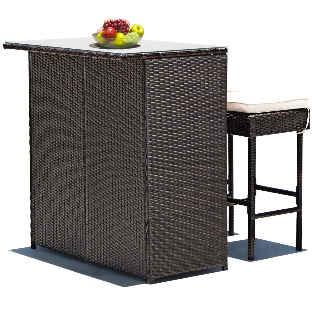 Costway 3PCS Patio Rattan Wicker Bar Table Stools Dining Set Cushioned   3 Piece Sets