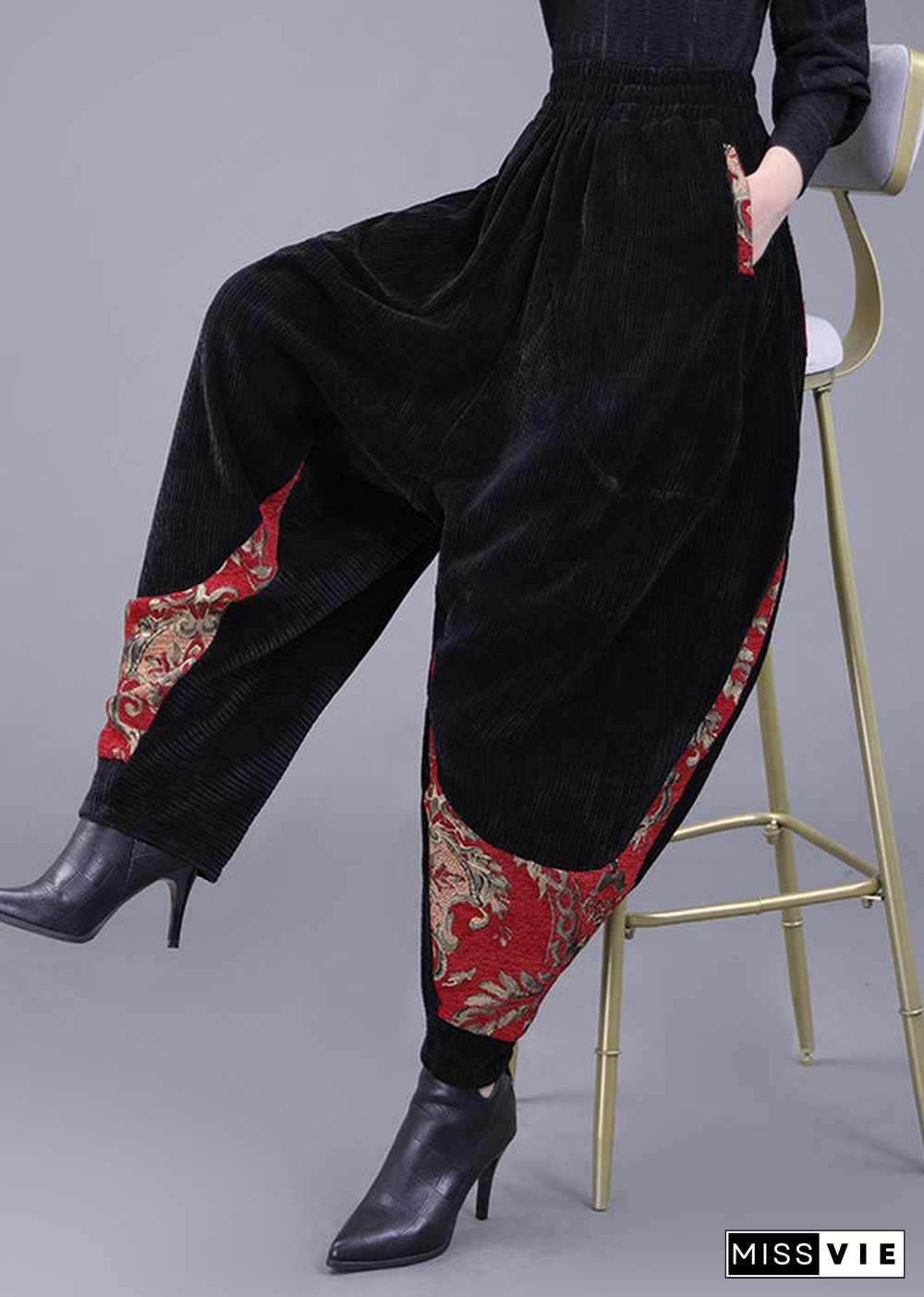 Plus Size Black Pockets Embroideried Corduroy Lantern Pants Fall