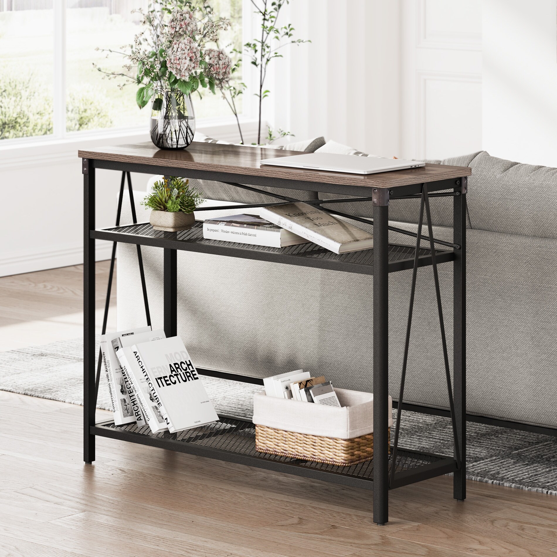 HOMOOI Console Sofa Table Industrial， 3-Tier Narrow Long Entryway Table with Mesh Storage Shelves， Spliced Woodgrain Top， 39.4