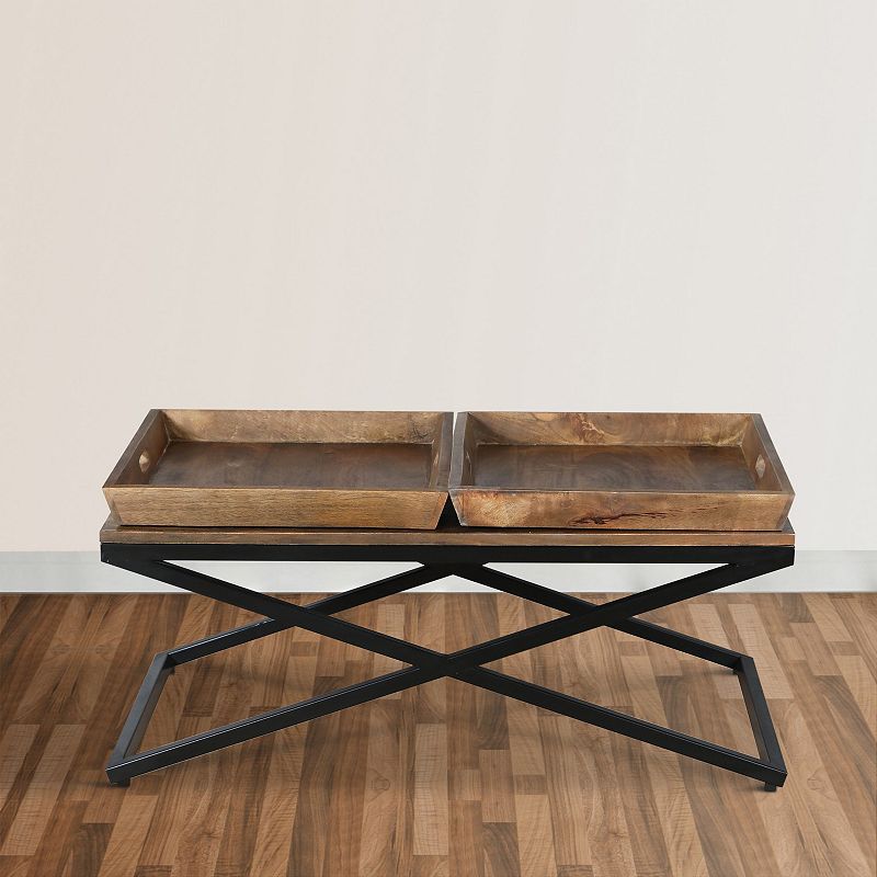 38 Inch Rectangular Mango Wood Farmhouse Coffee Table， 2 Trays， X Iron Base， Brown and Black