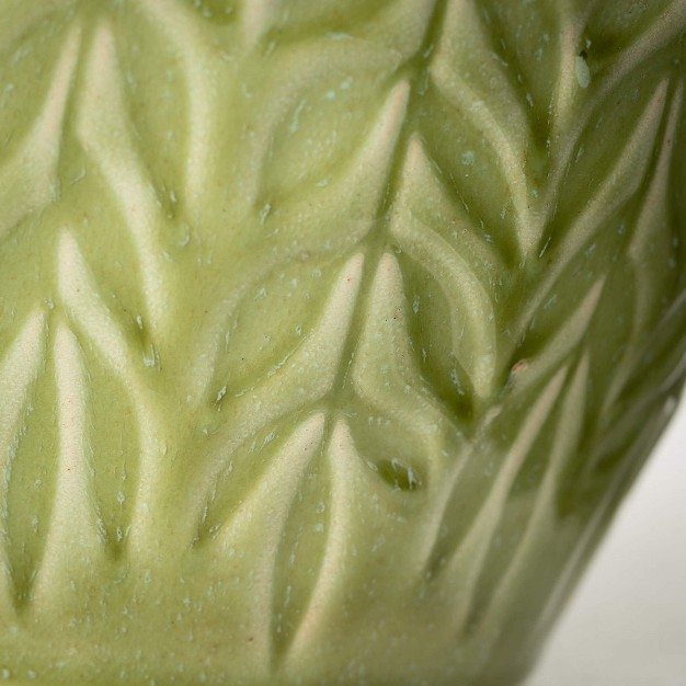 Embossed Leaf Green Vase Ceramic