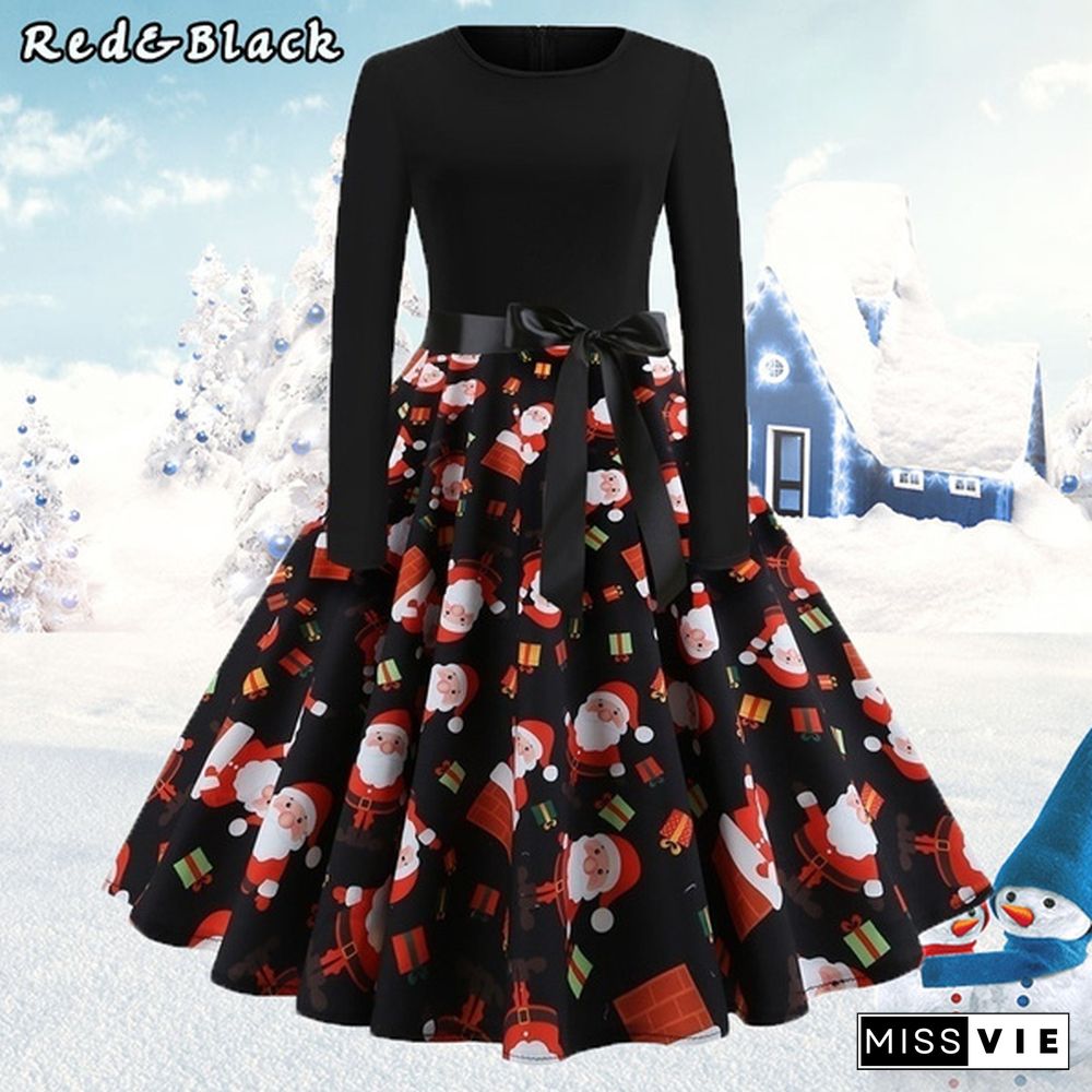 Dresses for Women Party Christmas Round Neck Belt Prom Dresses Halloween Costumes Long Sleeve Dresses Elegant Pumpkin Santa Claus Printed Evening Pleated Dresses