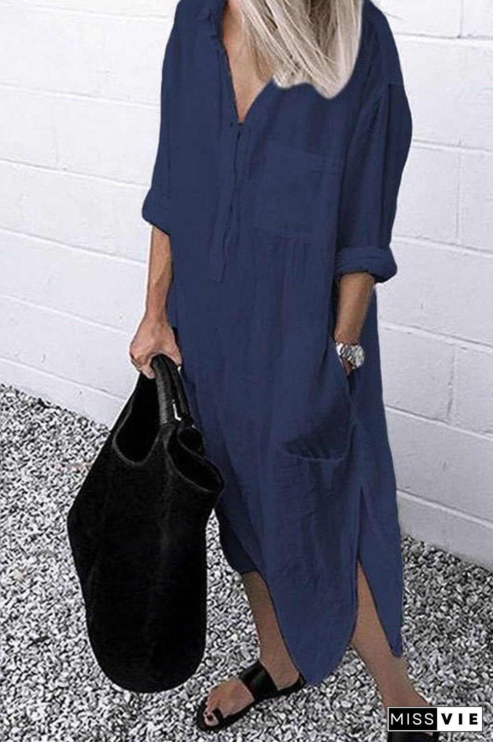 Casual Solid Color Split Shirt Dress