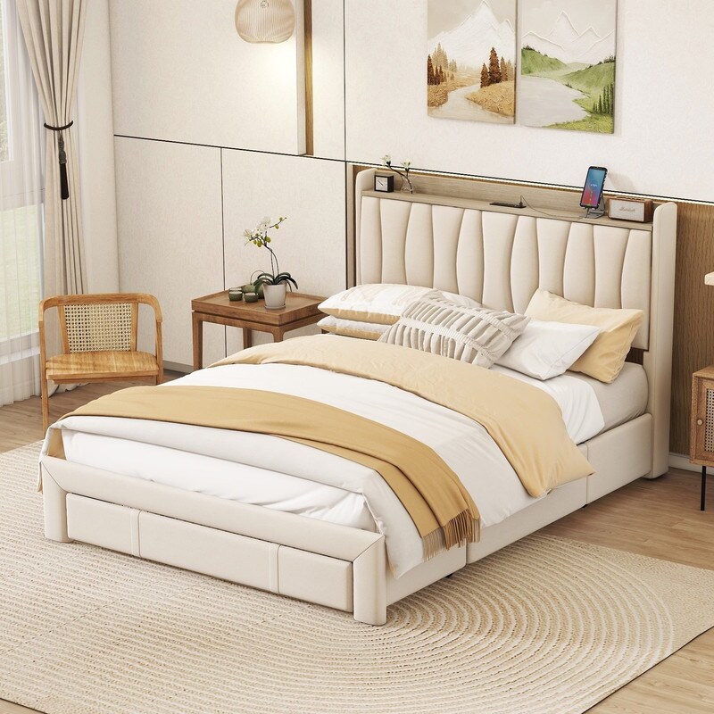 Queen Size Beige Upholstered Platform Bed with Storage Headboard Charging Station and 3 Drawers