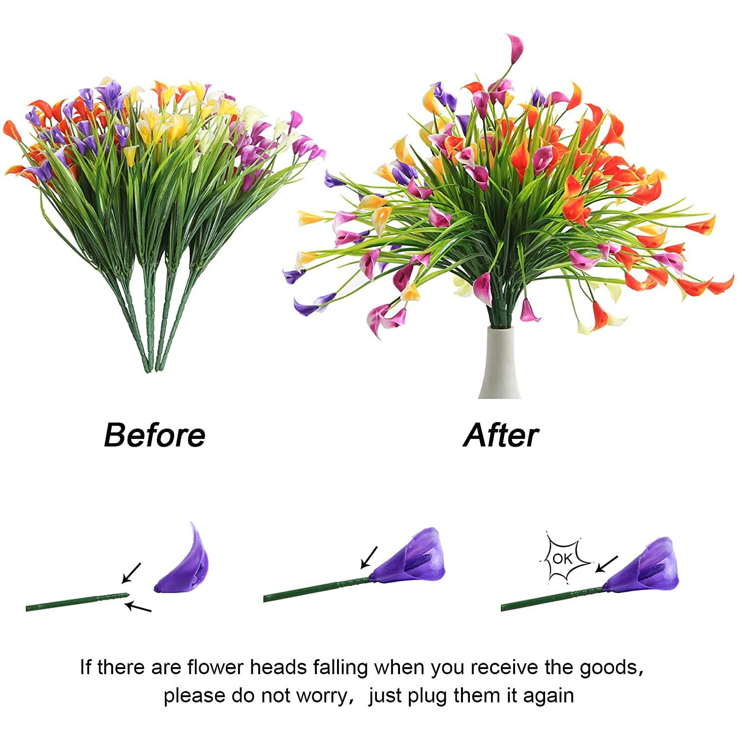 Morttic 1x Artificial Calla Lily Flowers for Outdoors, UV Resistant Faux Fake Plants Plastic Flower Indoor Outside Hanging Planter Home Garden Porch Decor Purple