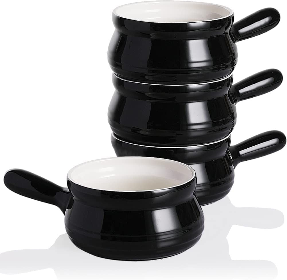 SWEEJAR Porcelain Soup Bowls with Handle， 22 OZ Ceramic Serving Crocks for French Onion Soup， Pumpkin Soup， Oatmeal， Stew， Dishwasher and Microwave Safe， Set of 4，Black