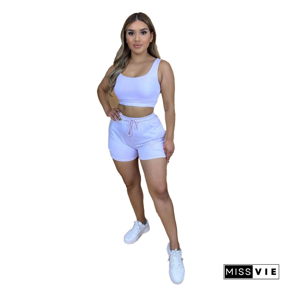 Womens Tracksuits Solid Color Sleeveless Crop Top Drawstring Biker Shorts Summer Bodycon Two Piece Sets