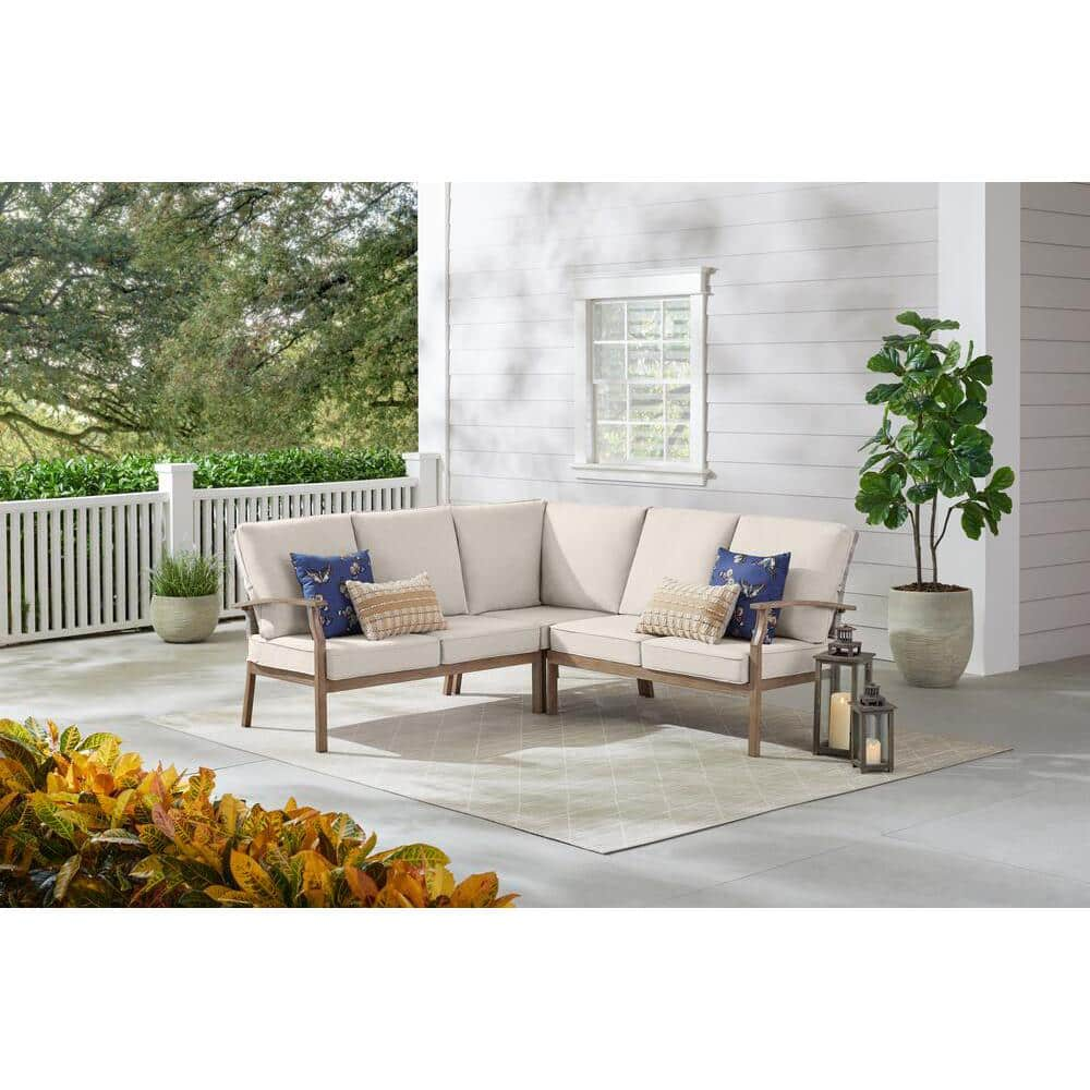 Hampton Bay Beachside Rope Look Wicker Outdoor Patio Sectional Sofa Seating Set with CushionGuard Almond Tan Cushions 2111-SE Almond