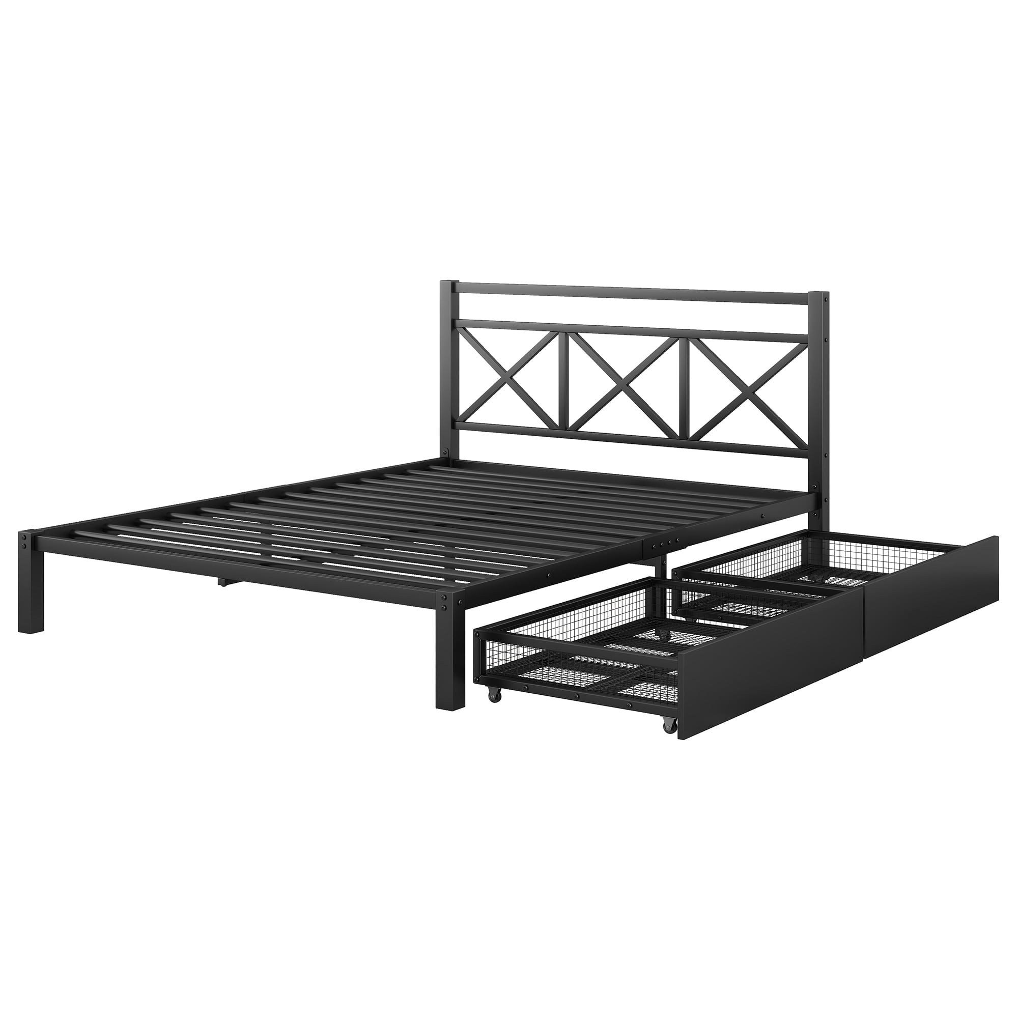 Metal Queen Size Platform Bed with Two Drawers for Living Room, Black