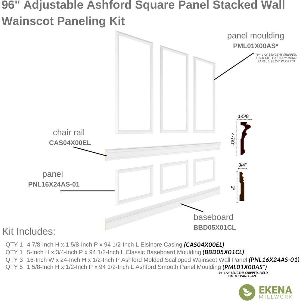 Ekena Millwork 94 12 in. (Adjustable 96 in. to 120 in.) 63 sq. ft. Polyurethane Ashford Square Panel Stacked Wall Wainscot Kit Primed WPKUST012P096