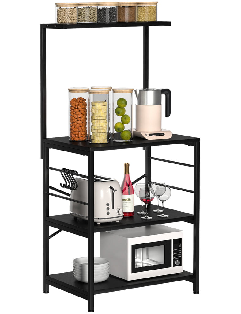 Cheflaud Kitchen Baker's Rack Storage Shelf Microwave Cart Oven Stand Coffee Bar with Side Hooks 4 Tier Shelves(Black)