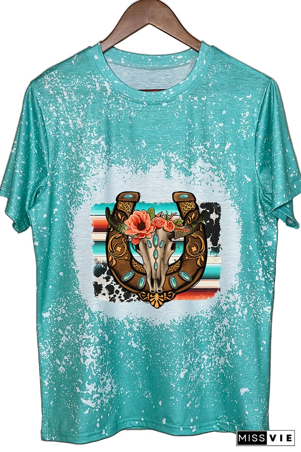 Horseshoe Floral Bull Skull Gemstone, Western Horseshoe Graphic Tee Wholesale