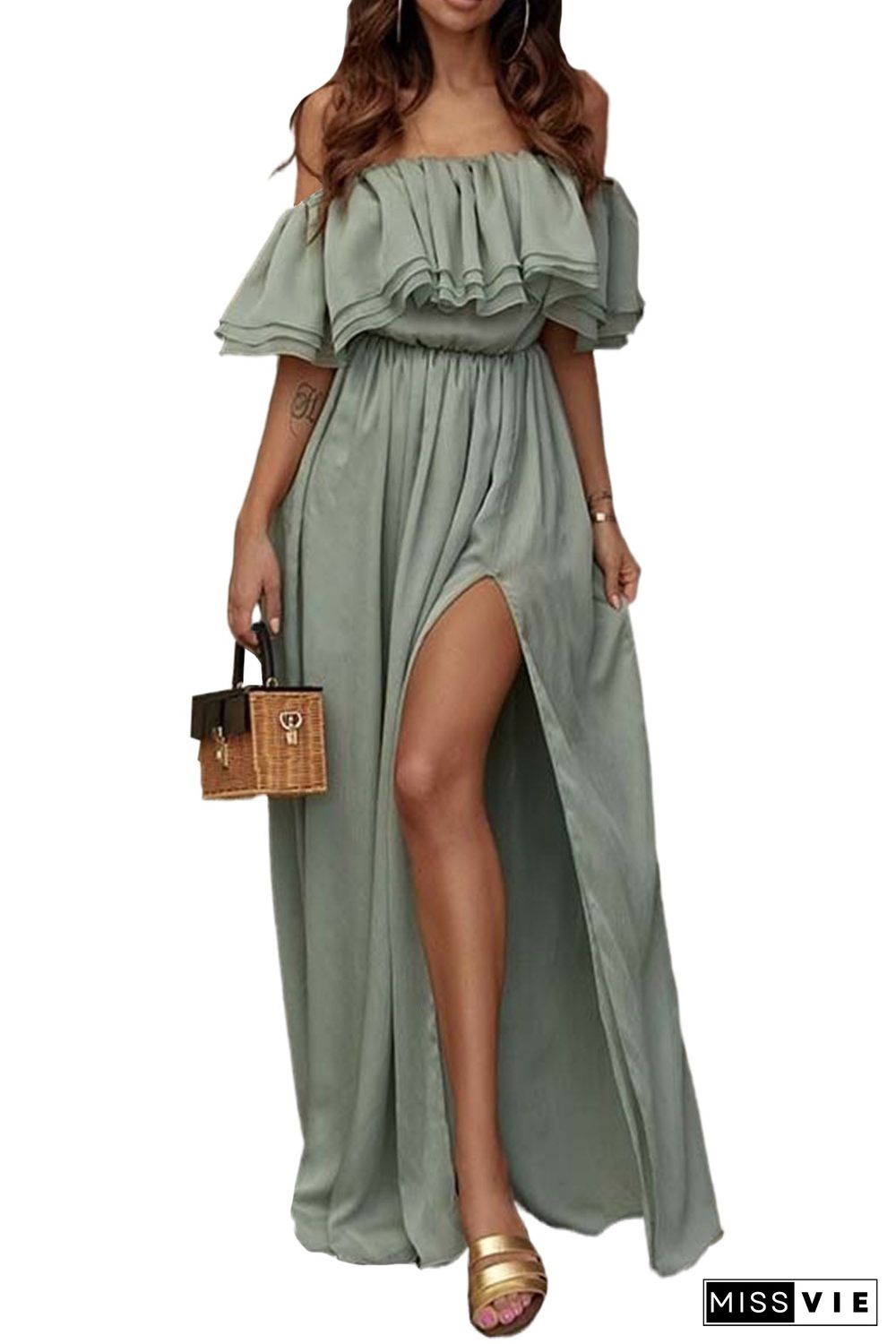 Off-the-shoulder Ruffled Maxi Dress with Split