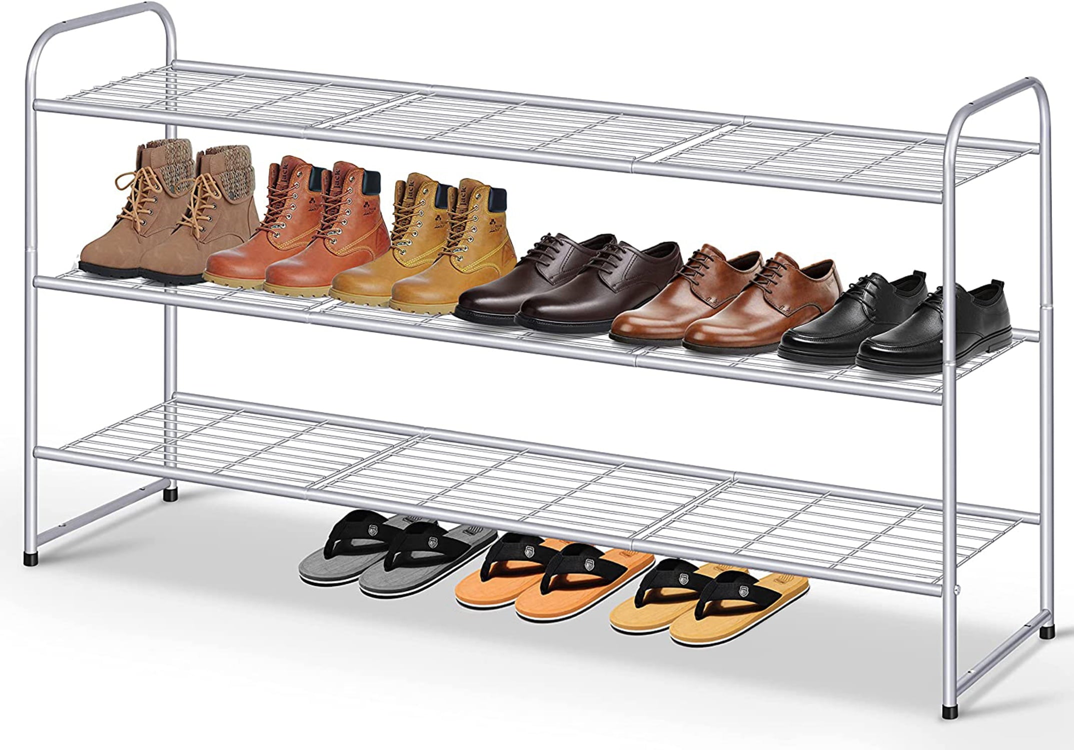 MISSLO 3 Tier Metal Long Shoe Rack Wide Shoe Shelf with Wire Grid for Closet Entryway Storage 24 Pairs Men Sneaker Organizer， Grey