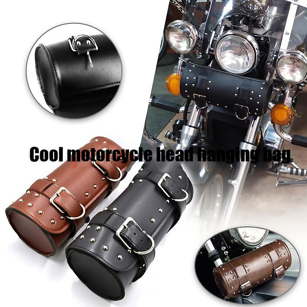 Motorcycle Saddle Bag Vintage Pu Leather Motorcycle Handlebar Tool Bag Round Barrel Shape Waterproof Roll Bag Tool Pouch For Motorbikes Scooter Front