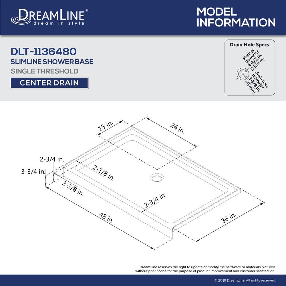 DreamLine SlimLine 48 in x 36 in Single Threshold Shower Base in White with Center Drain