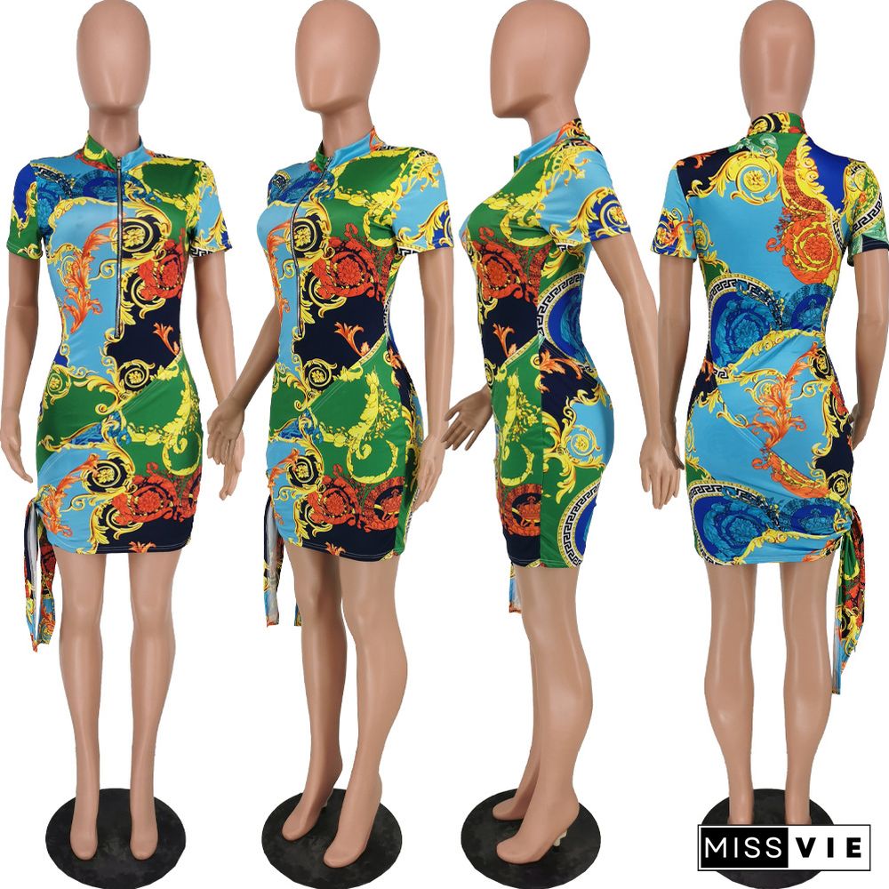 Fashion Printed Totem Personality Side Tie Dress