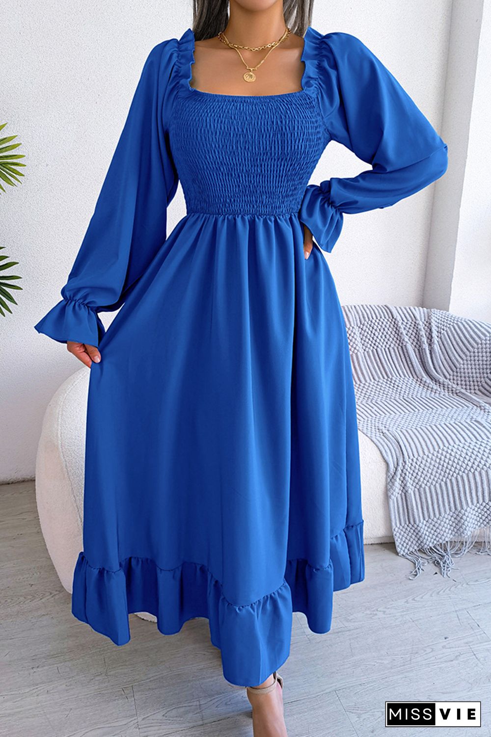 Plain Square Neck Smocked Top Maxi Dress