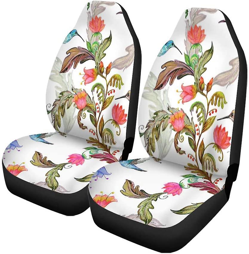 Set Of 2 Car Seat Covers Blue Flower Fancy Flora And Birds Watercolor Painting Colorful Universal Auto Front Seats Protector Fits