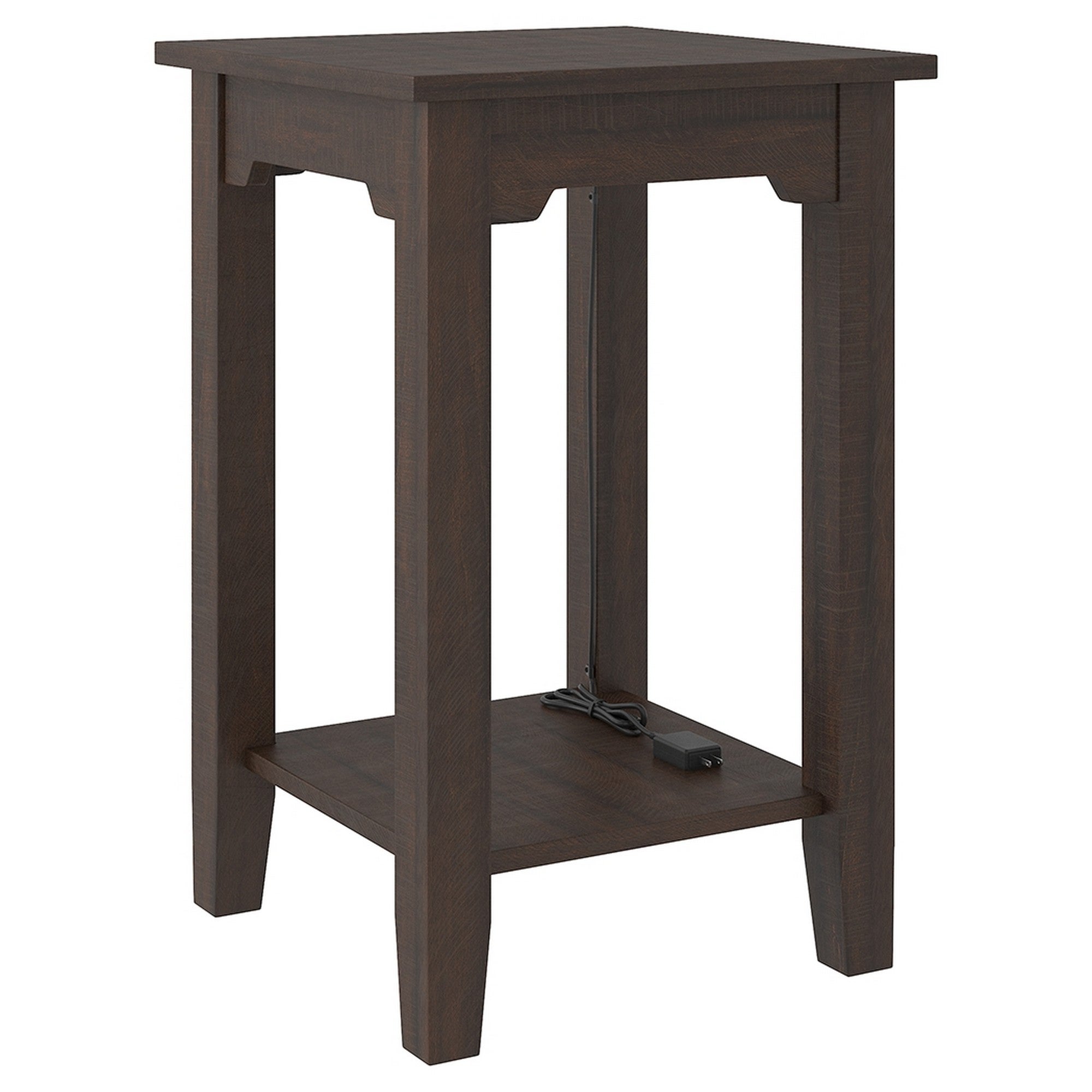 Wooden Side End Table with 2 USB Ports and Power Cord， Dark Brown