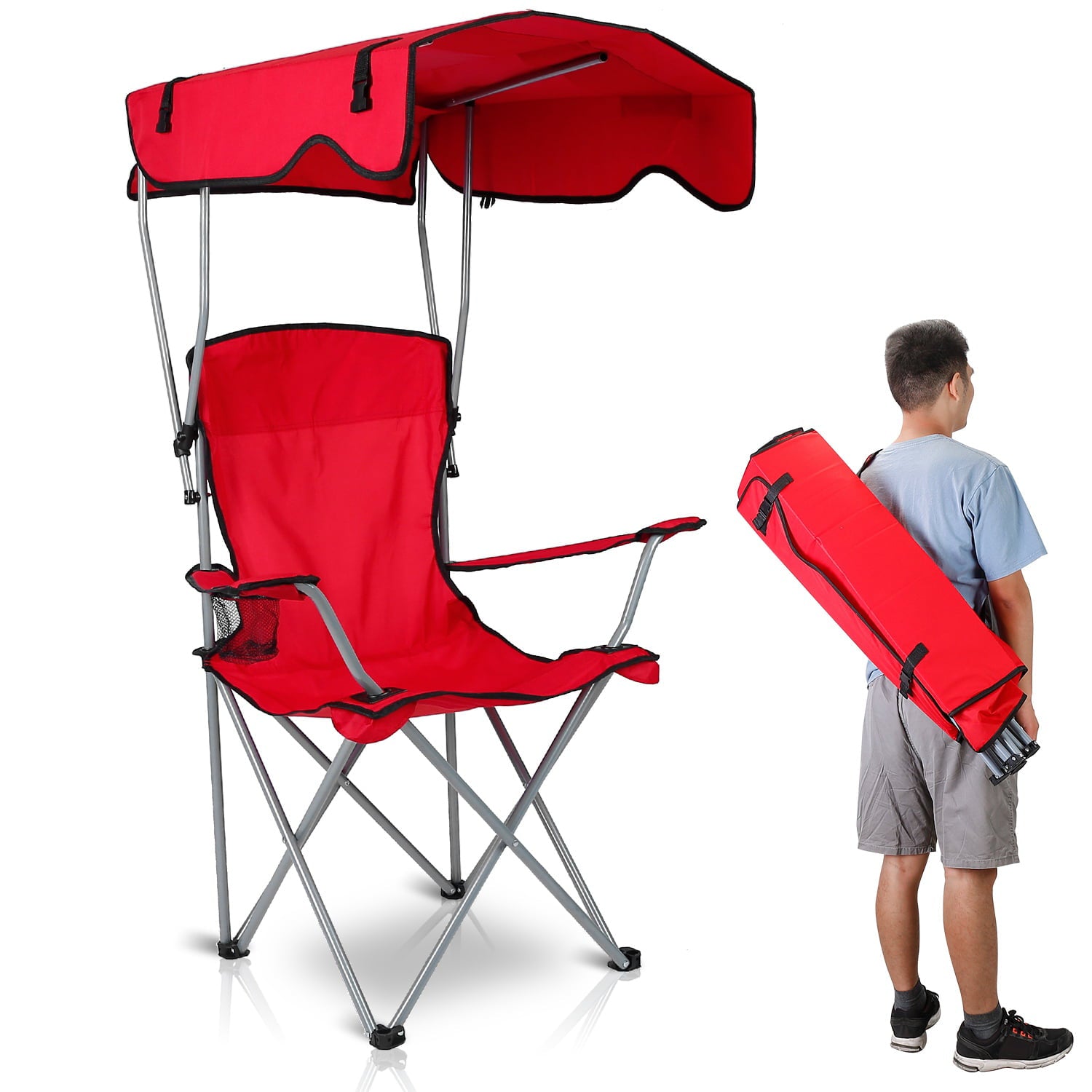 Beach Chair with Canopy Shade， iMountek Folding Canopy Camping Sports Chair， Red