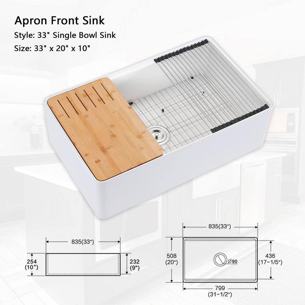 White Fireclay 33 in. x 20 in. Single Bowl Farmhouse Apron Kitchen Sink with Bottom Grid 2022-12-8-8