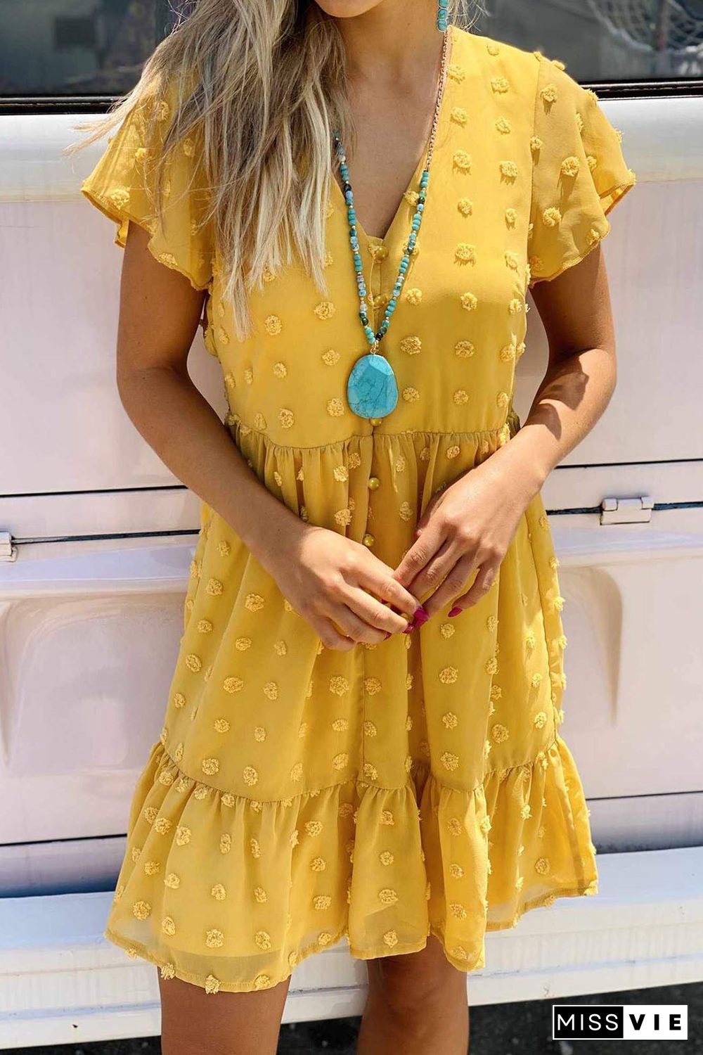 Yellow Polka Dot V Neck Ruffled Short Sleeves Mini Dress