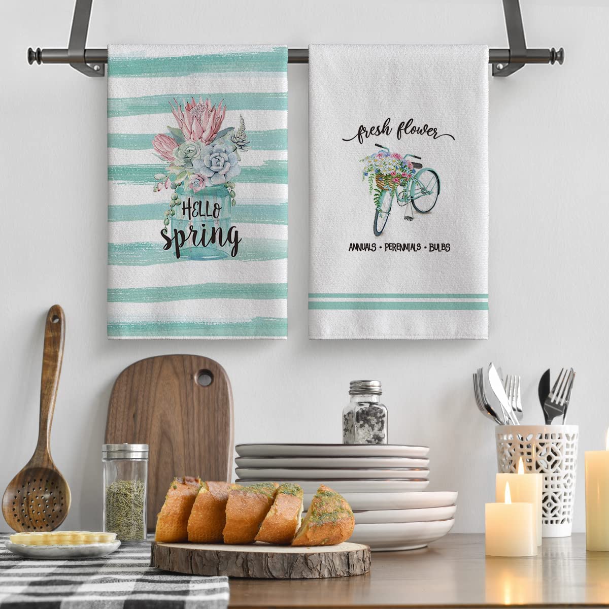 Artoid Mode Watercolor Striped Floral Wreath Truck Bicycle Spring Kitchen Dish Towels 4-Pack 18 x 26