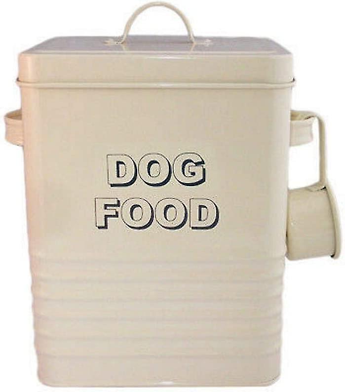 Cream Dog Food Storage Tin With Scoop， Steel(1pc-cream Colour)