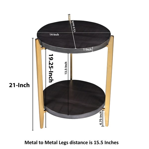 Tali 16 Inch Handcrafted Round Side End Table， 2 Tier， Charcoal Gray Acacia Wood， Sleek Gold Metal Legs