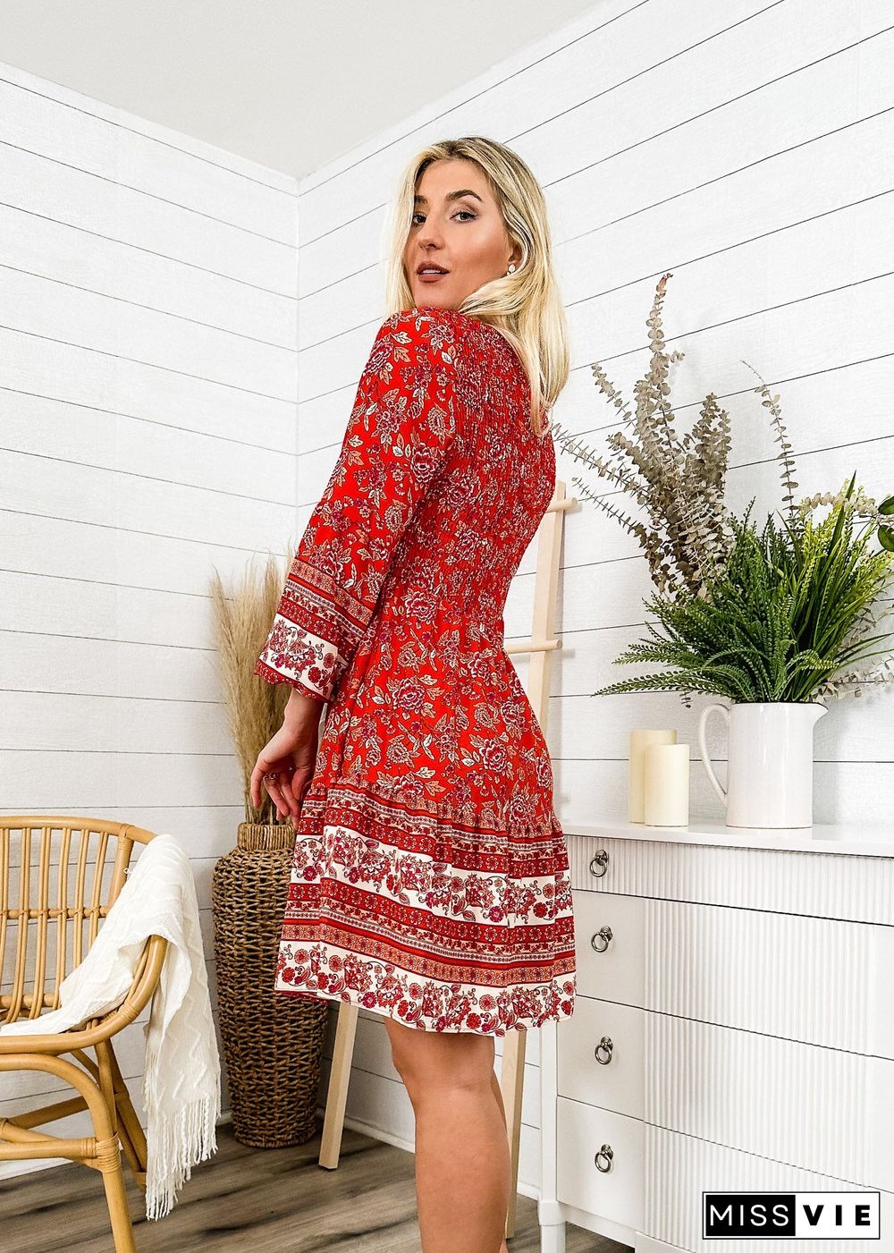 V Neck Bohemian Print Dress