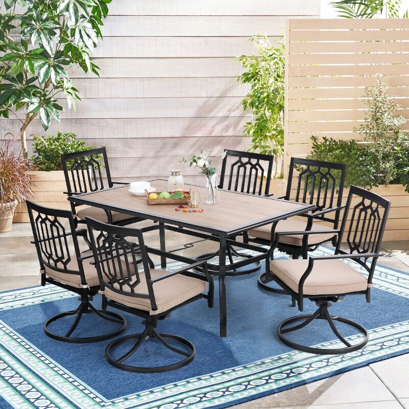 7 piece Patio Dining Set  1 Rectangle Wood like Table with Umbrella Hole and 6 Metal Swivel Chairs