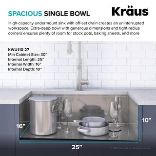 KRAUS Kore Workstation 27 in. 16-Gauge Undermount Single Bowl Stainless Steel Kitchen Sink with Accessories KWU110-27