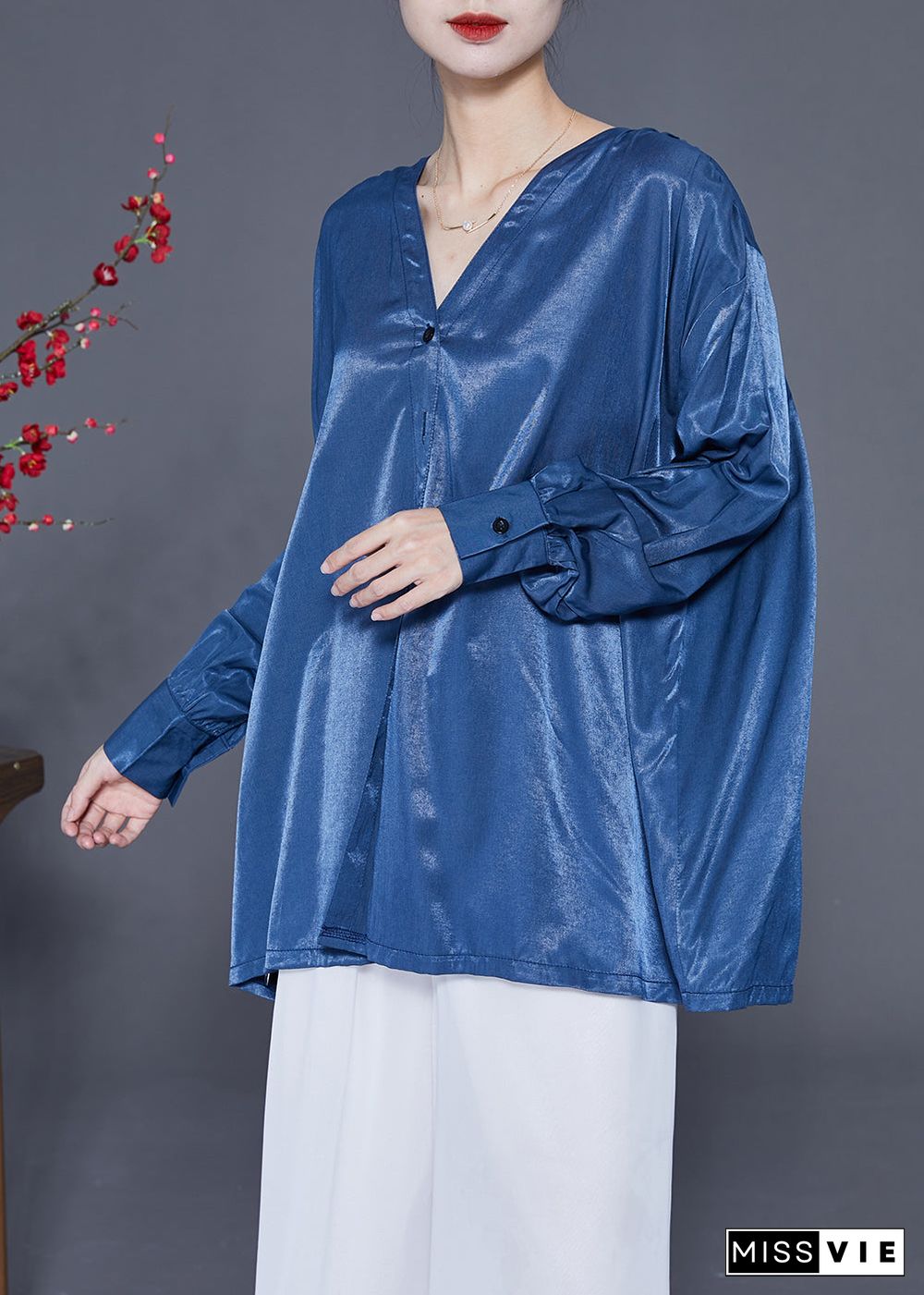 Original Design Blue V Neck Oversized Button Silk Shirt Top Spring